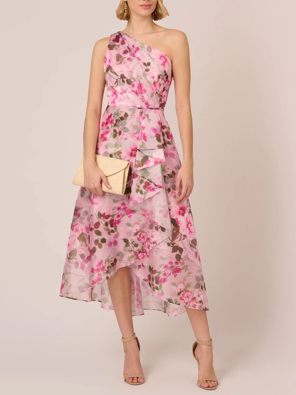 Adrianna Papell Pink Floral One-Shoulder Ruffle Midi Dress in Pink, Size 18, NWT